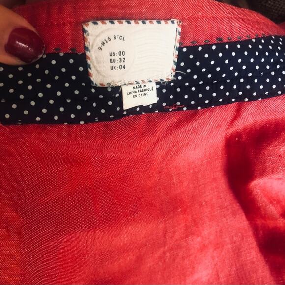 ANTHROPOLOGIE Red Pink Ruffle Tiered Silk Linen Wrap Mini Knee Length Skirt 0 - Picture 4 of 8